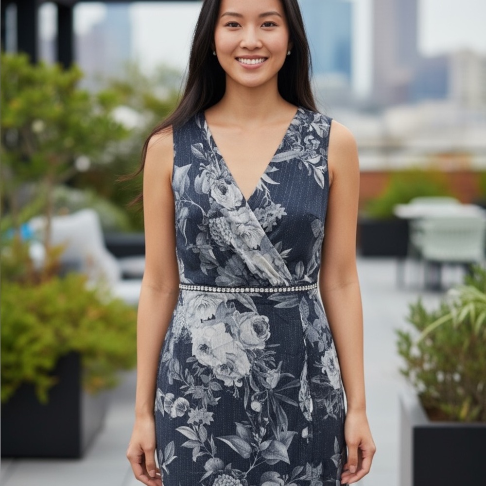 Navy and White Sleeveless V-Neck Sheath Dress rhinestone trim